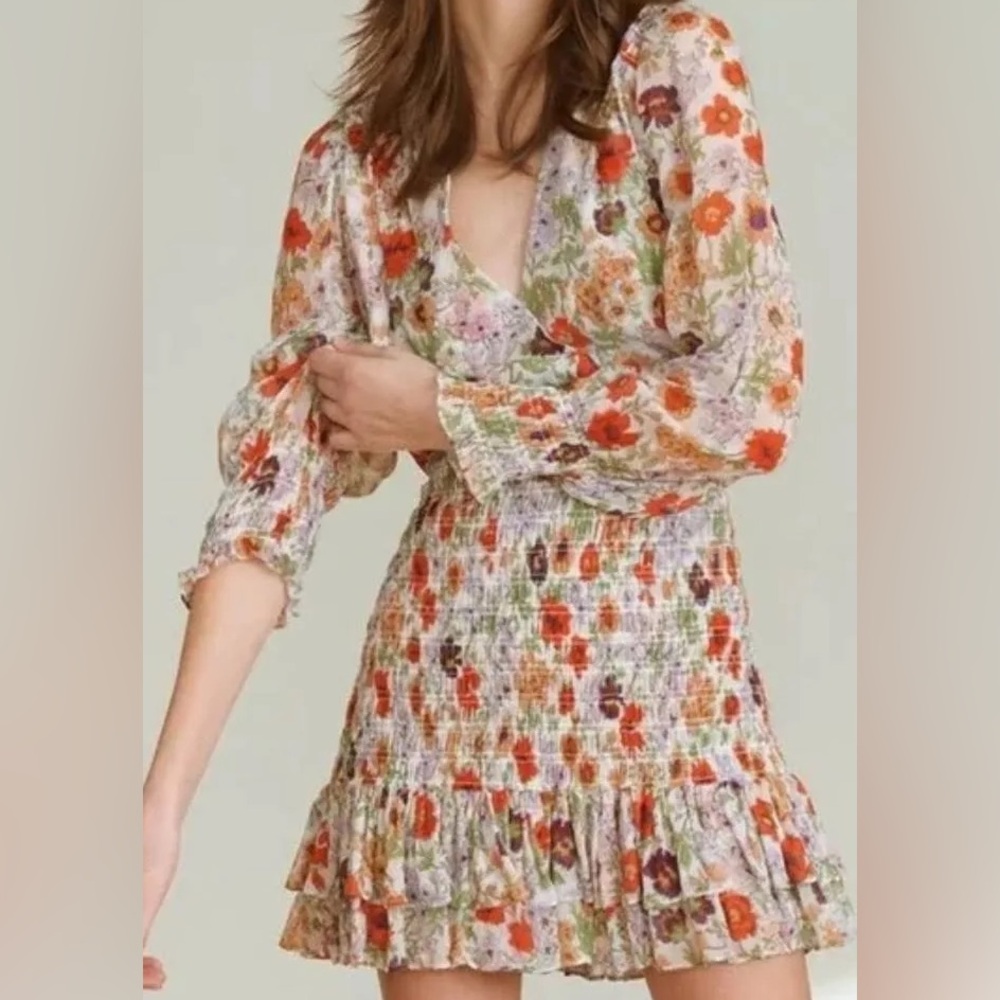 Veronica Beard Saera Dress Shirred Floral Chiffon Long Sleeve Flowers Boho 4 S